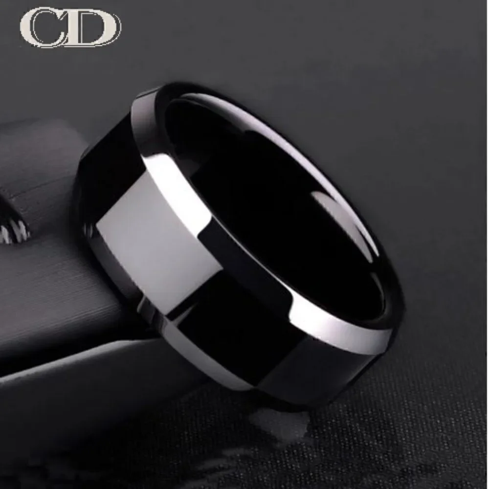 Personalized Men's Black and silver Tungsten Wedding Ring Band - Silver Edges